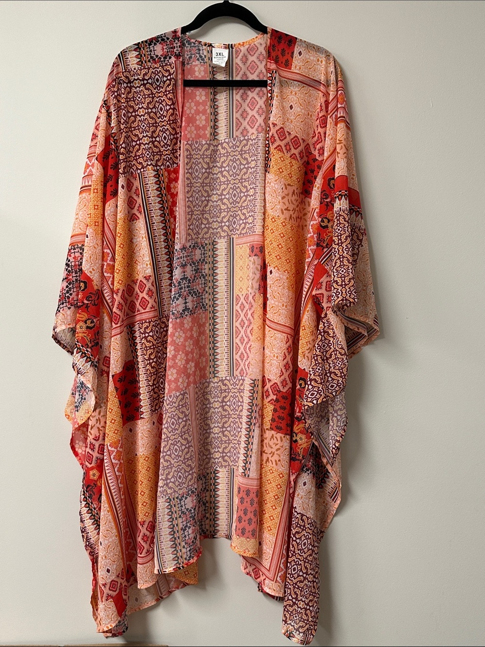 Boho Patchwork Kimono Cardigan coverup - Coral, Peach & Red